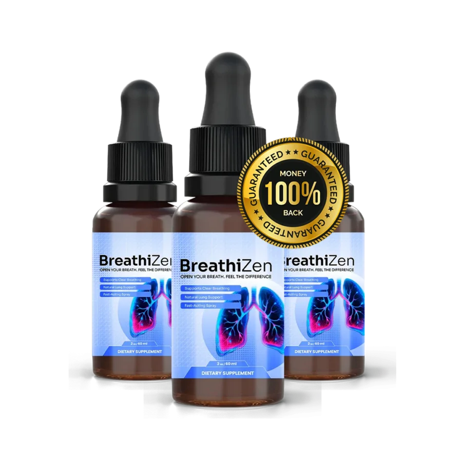 Three bottles of BreathiZen with the 100% money-back guarantee seal