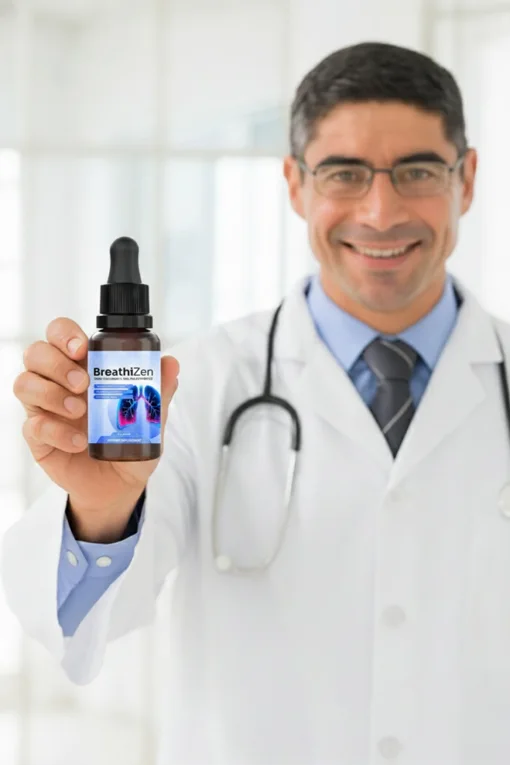 Health professional holding a bottle of BreathiZen