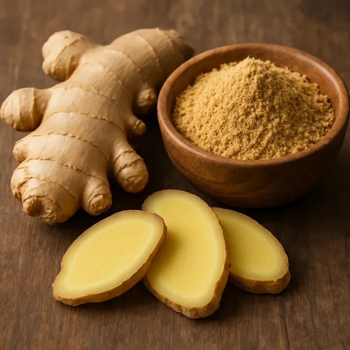 Fresh ginger root and ginger powder