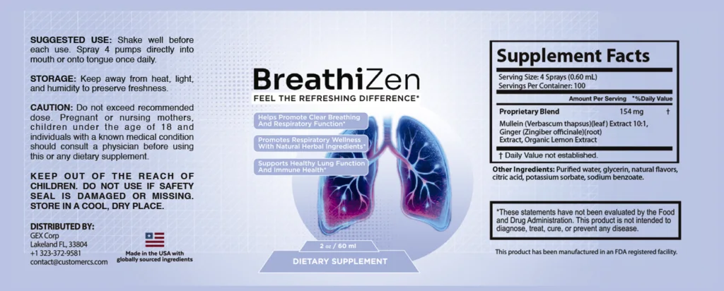 BreathiZen label with Supplement Facts: proprietary herbal blend of Mullein leaf extract 10:1, Ginger root extract and Organic Lemon extract, 4 sprays per serving