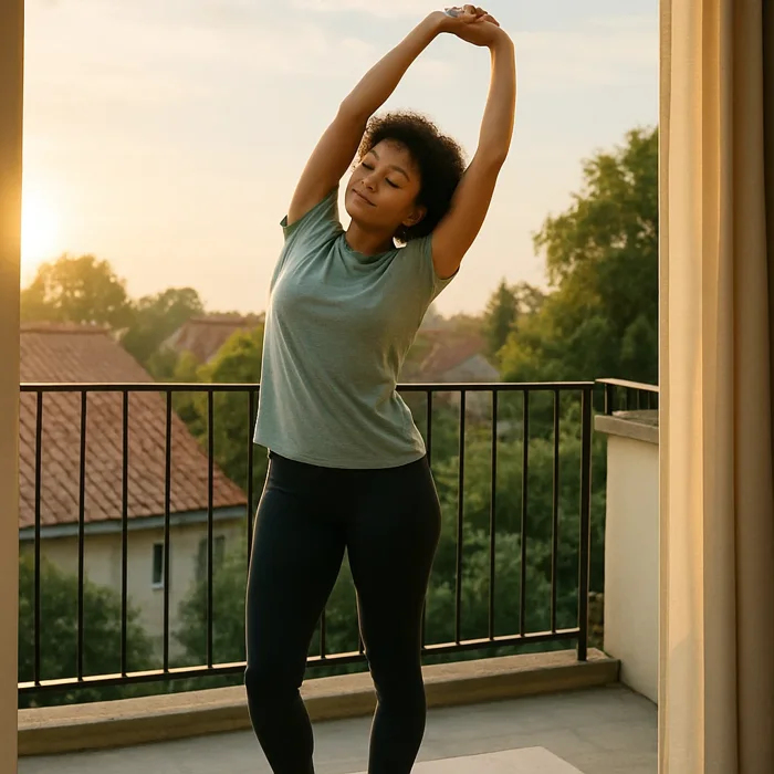 Woman stretching on a balcony in the morning